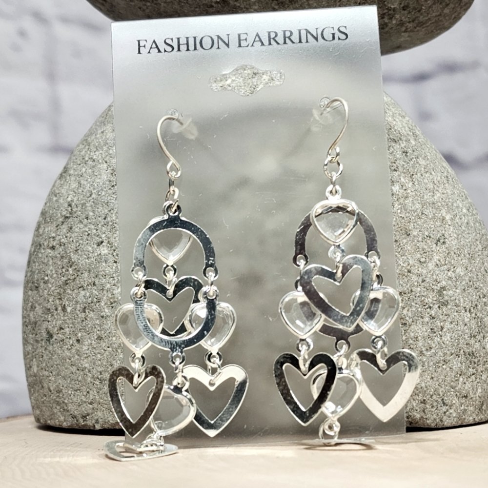 Fashion Earrings Women's/ Clear and Silver Hearts/NWT